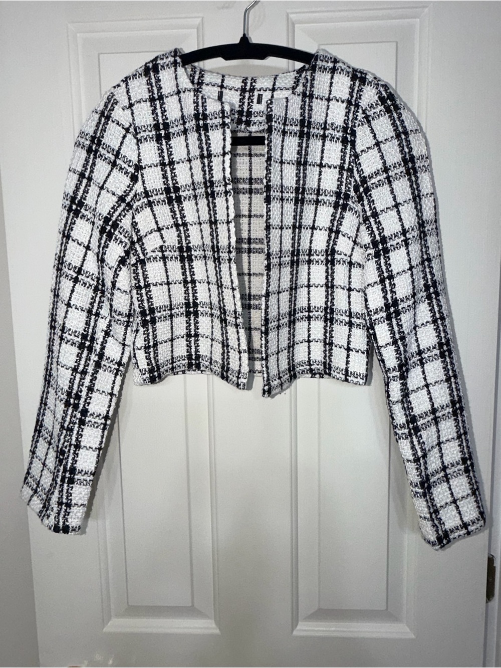 Cropped Black & White Plaid Bouclé Jacket & Skirt